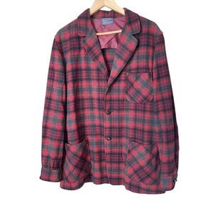 Pendleton VIRGIN WOOL Red Shadow Plaid Vintage‎ Jacket Blazer Men's Size LARGE